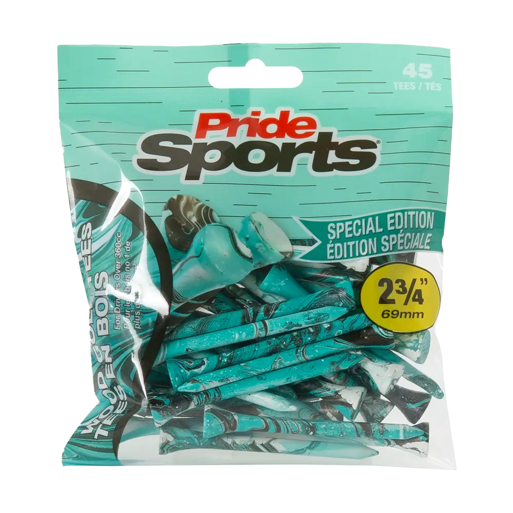 2-3/4" Paint Splatter Tee packaging in turquoise colors with "Pride Sports" as the label. 