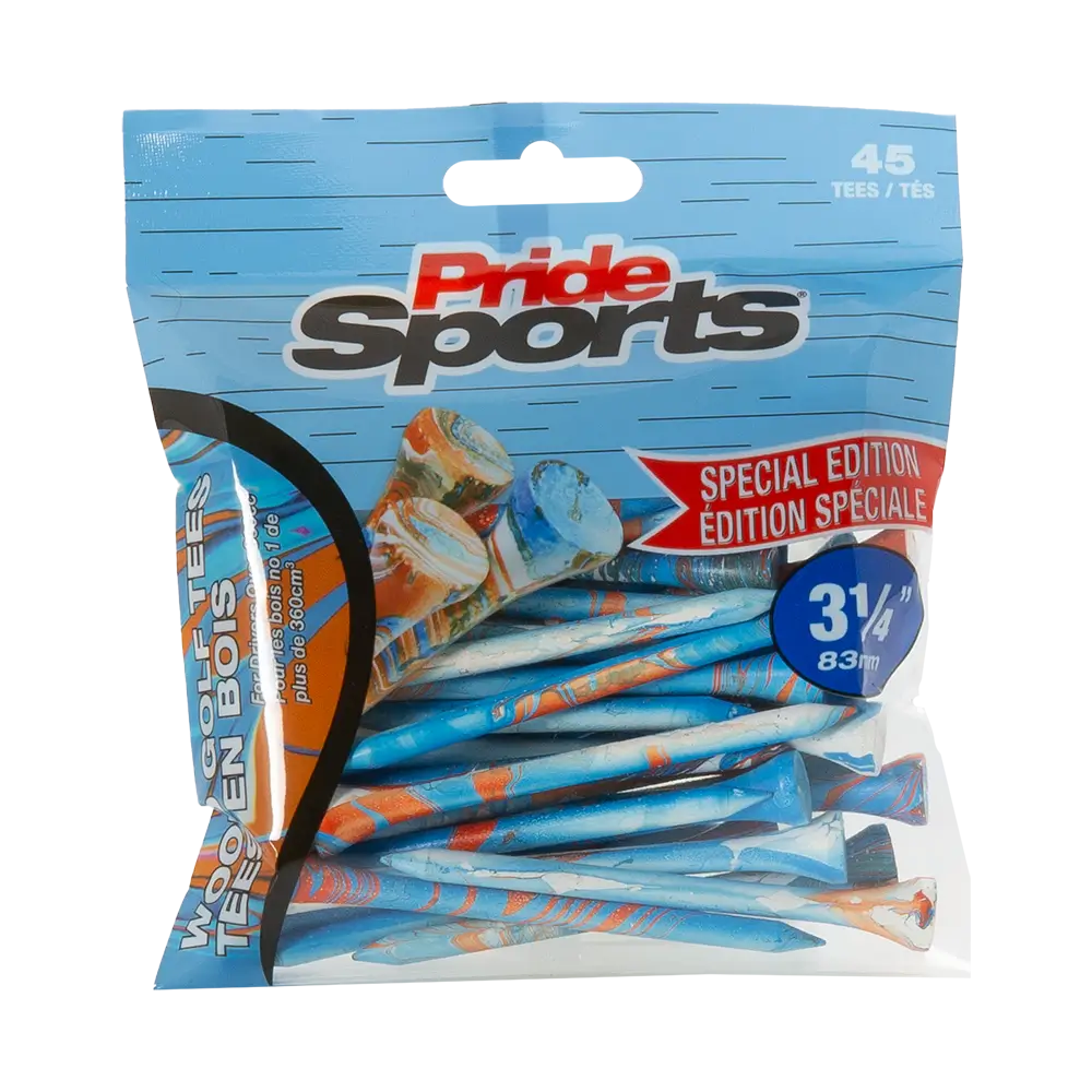 3-1/4" Paint Splatter Tee packaging in blue/orange colors with "Pride Sports" as the label.