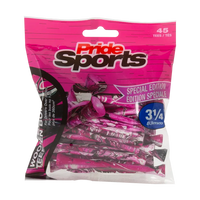 3-1/4" Paint Splatter Tee packaging in pink colors with "Pride Sports" as the label. 