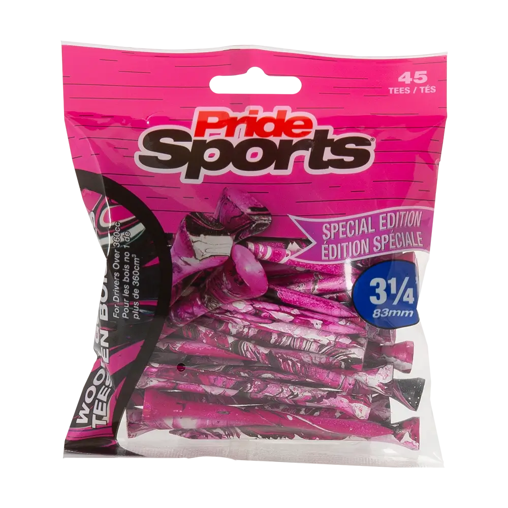 3-1/4" Paint Splatter Tee packaging in pink colors with "Pride Sports" as the label. 