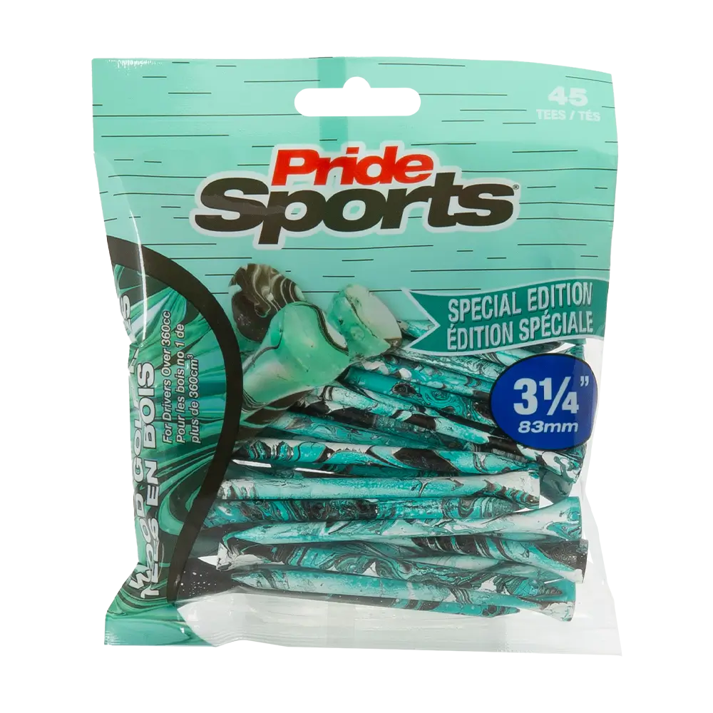 3-1/4" Paint Splatter Tee packaging in turquoise colors with "Pride Sports" as the label. 