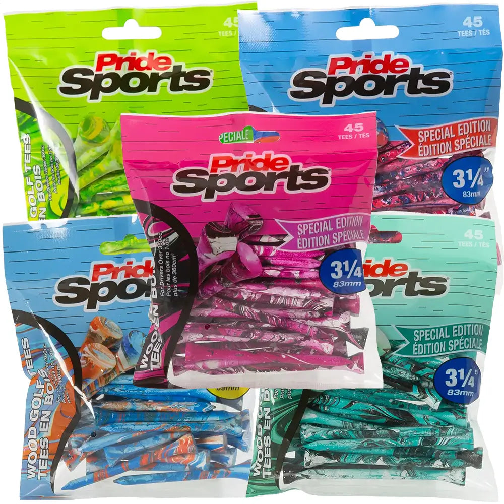 Assorted PrideSports paint splatter golf tee packages in various colors on a white background