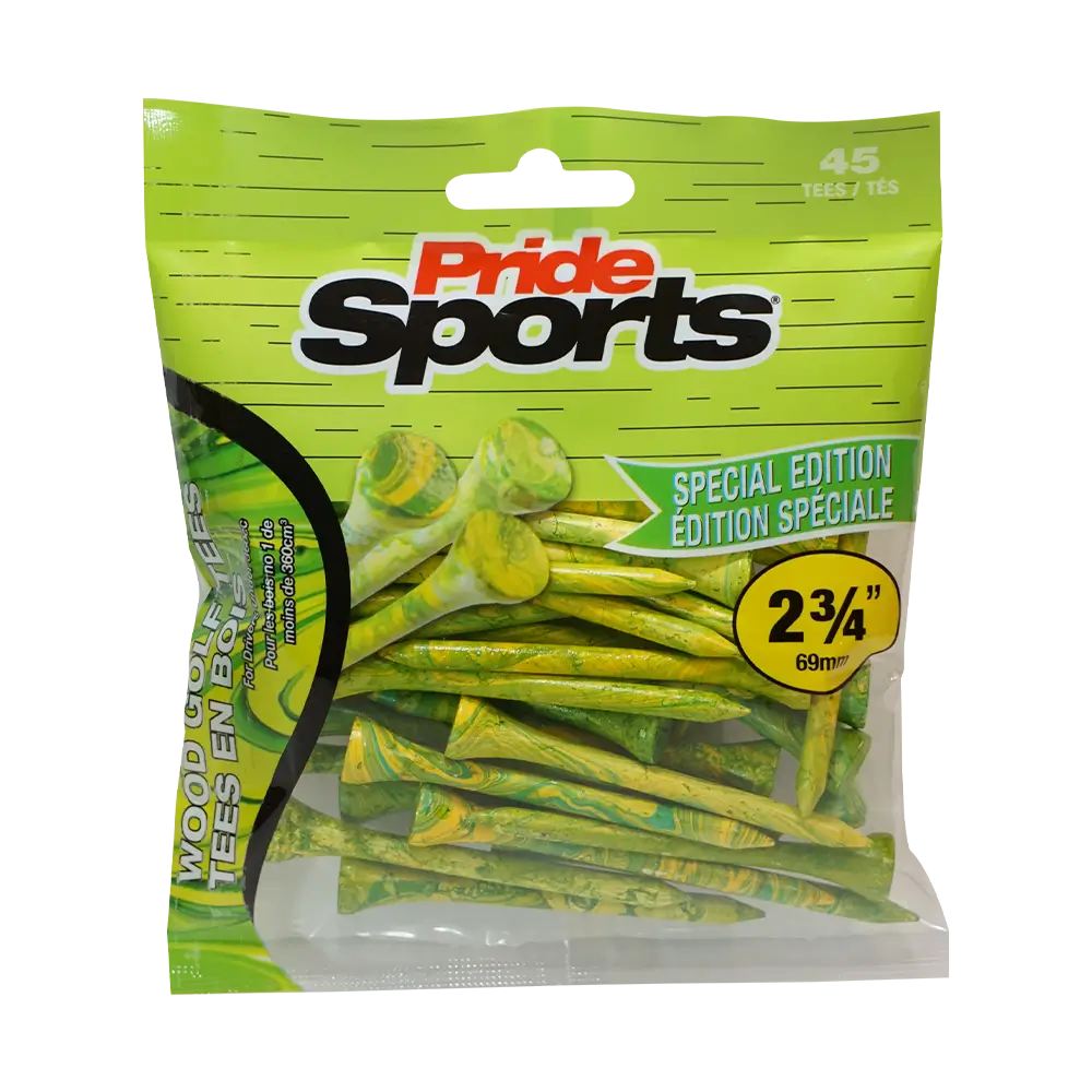 2-3/4" Paint Splatter Tee packaging in green/yellow colors with "Pride Sports" as the label. 