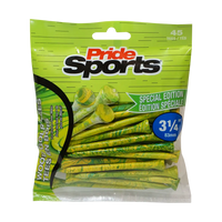 3-1/4" Paint Splatter Tee packaging in green/yellow colors with "Pride Sports" as the label.