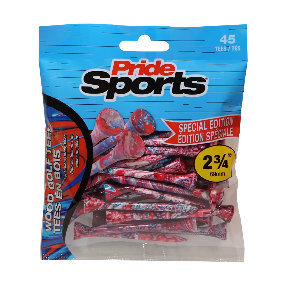 2-3/4" Paint Splatter Tee packaging in red/blue colors with "Pride Sports" as the label.
