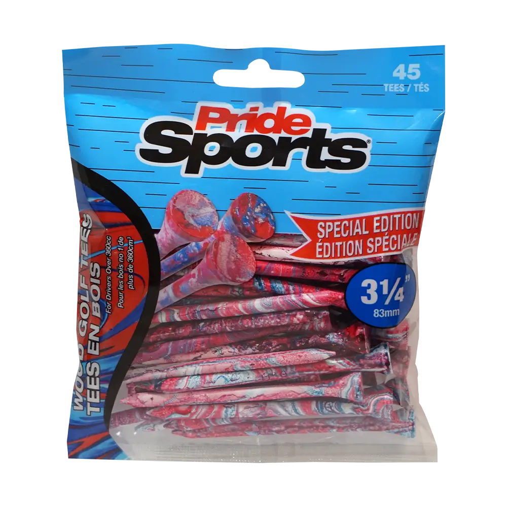 3-1/4" Paint Splatter Tee packaging in red/blue colors with "Pride Sports" as the label. 