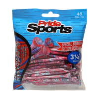 3-1/4" Paint Splatter Tee packaging in red/blue colors with "Pride Sports" as the label. 