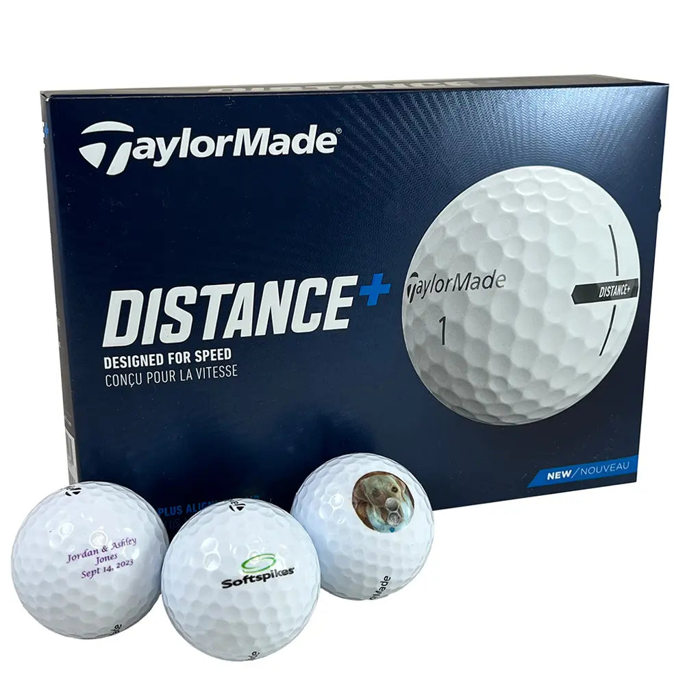 TaylorMade Distance+ golf balls with a box in the background