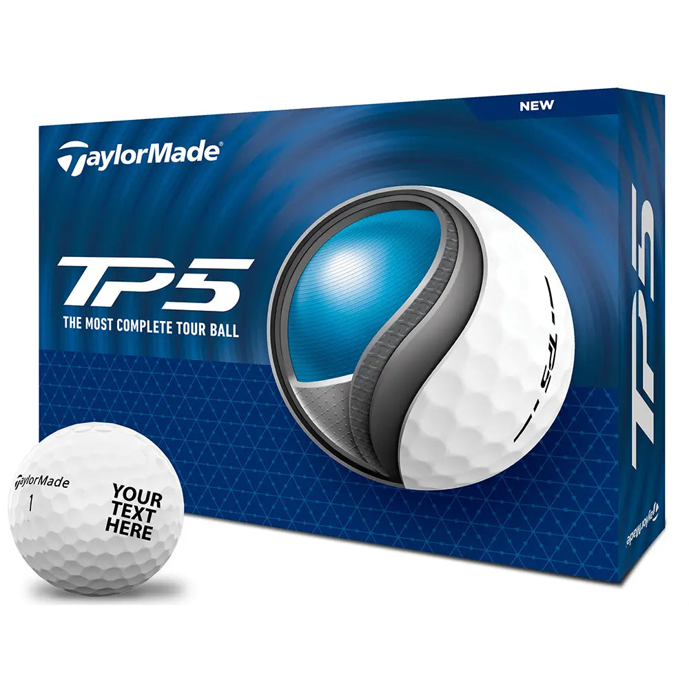 TaylorMade TP5 golf ball packaging with a golf ball in front