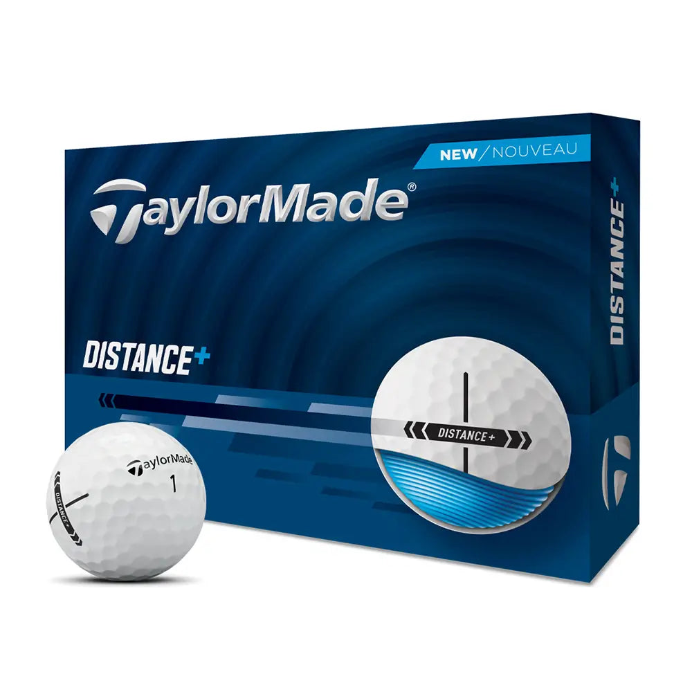 TaylorMade Distance+ golf ball packaging with a golf ball in front on a white background