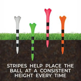 Colorful golf tees with stripes on grass and soil background