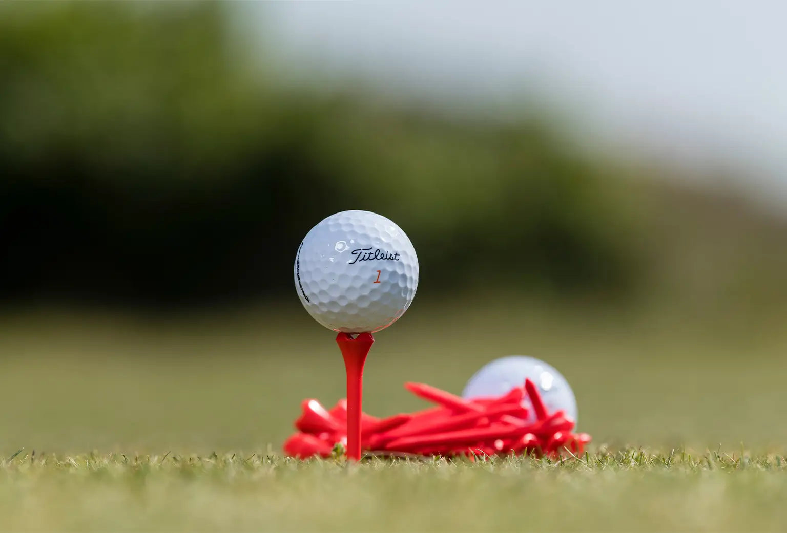 A titliest golf ball sitting on a red pride sports tee. 