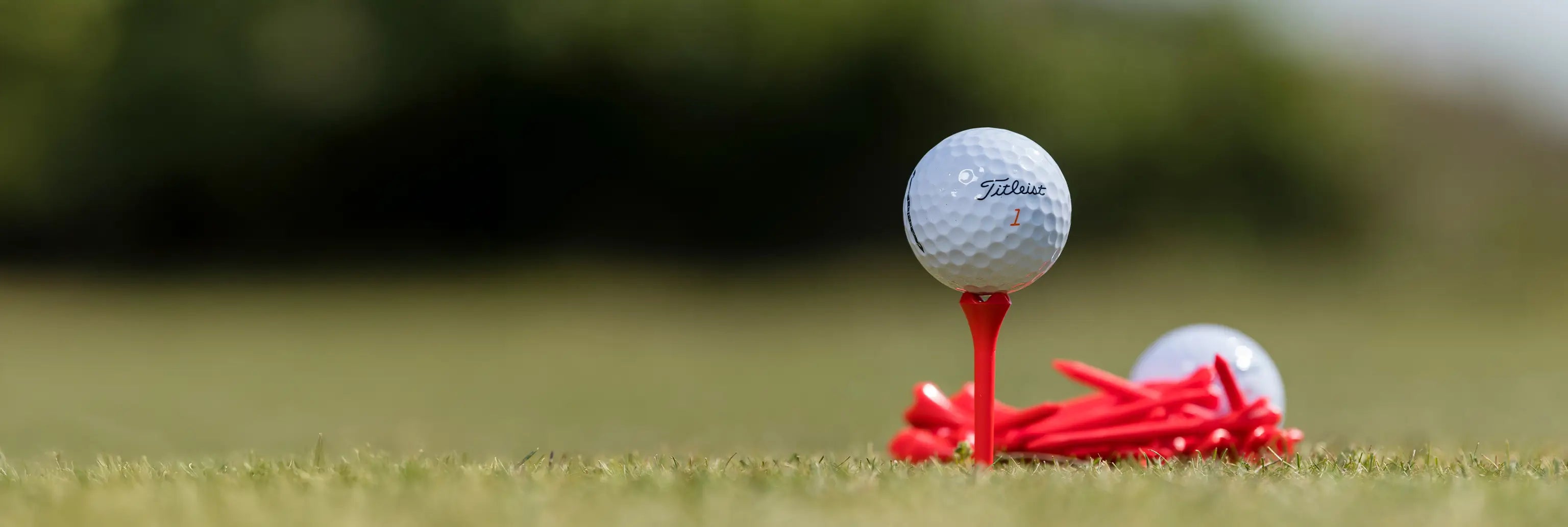 A titliest golf ball sitting on a red pride sports tee. 