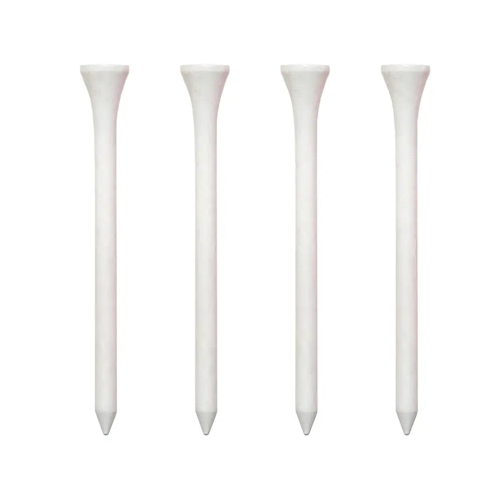 Four white golf tees on a white background