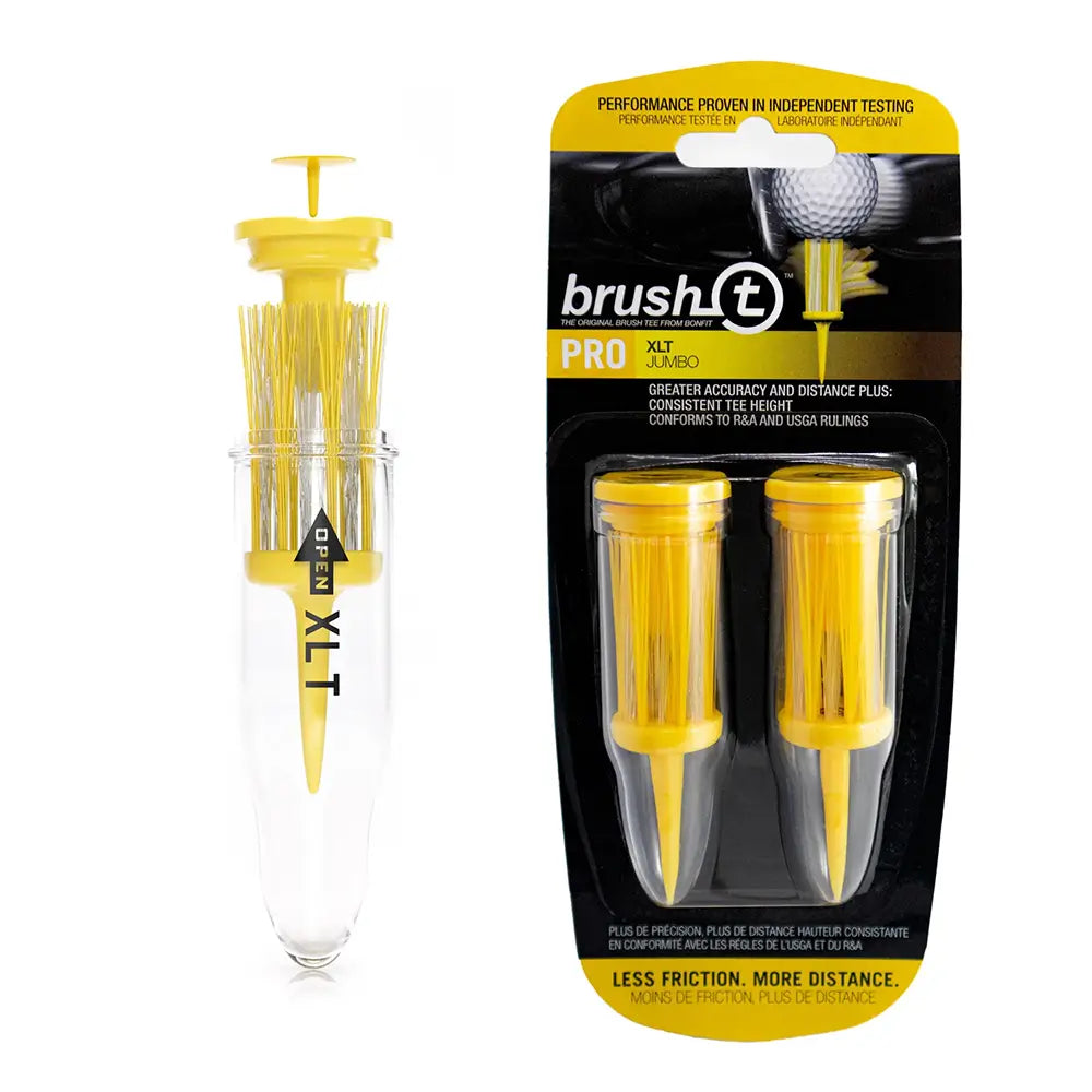 Package of two yellow Brusht golf tees on a white background