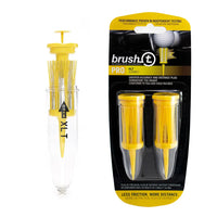 Package of two yellow Brusht golf tees on a white background