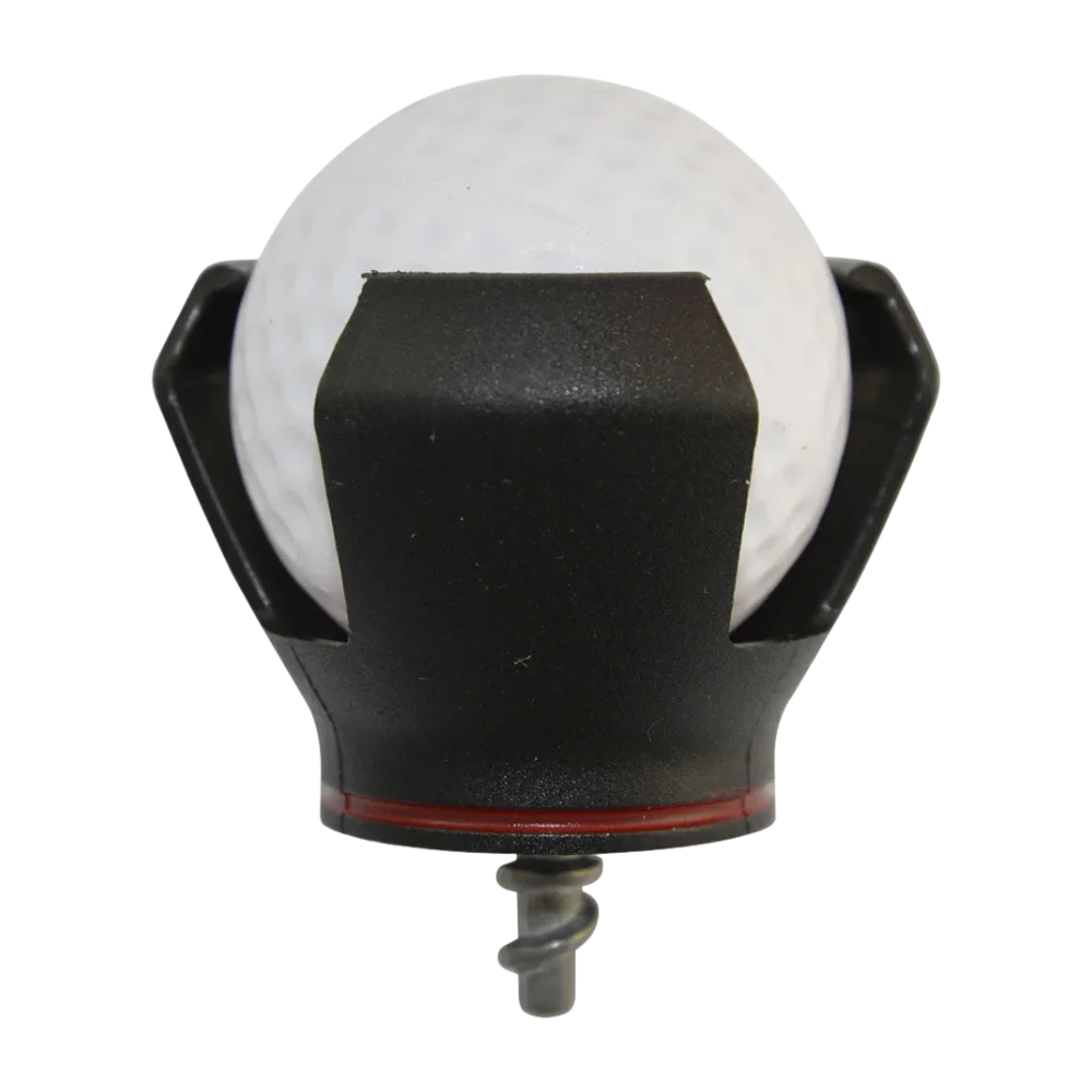 Black golf ball pick up attachment with white golf ball on a white background