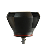 Black plastic golf ball pick up attachment with a red ring on a white background