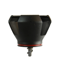 Black plastic golf ball pick up attachment with a red ring on a white background