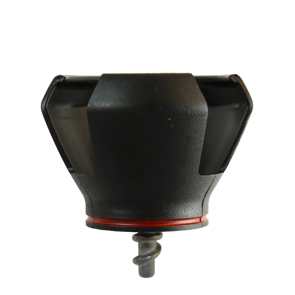 Black plastic golf ball pick up attachment with a red ring on a white background