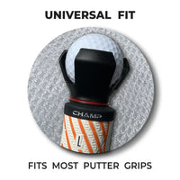 Golf putter grip with ball pick up attachment with Champ branding on a gray background