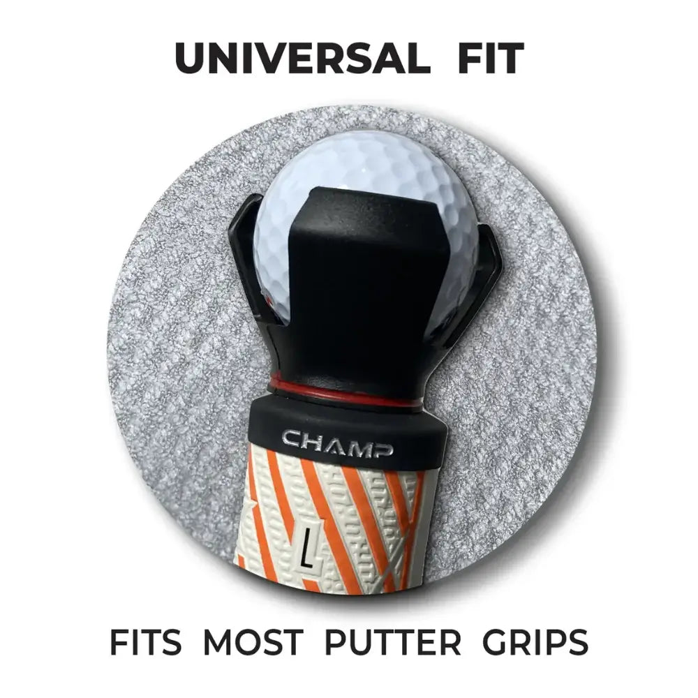 Golf putter grip with ball pick up attachment with Champ branding on a gray background