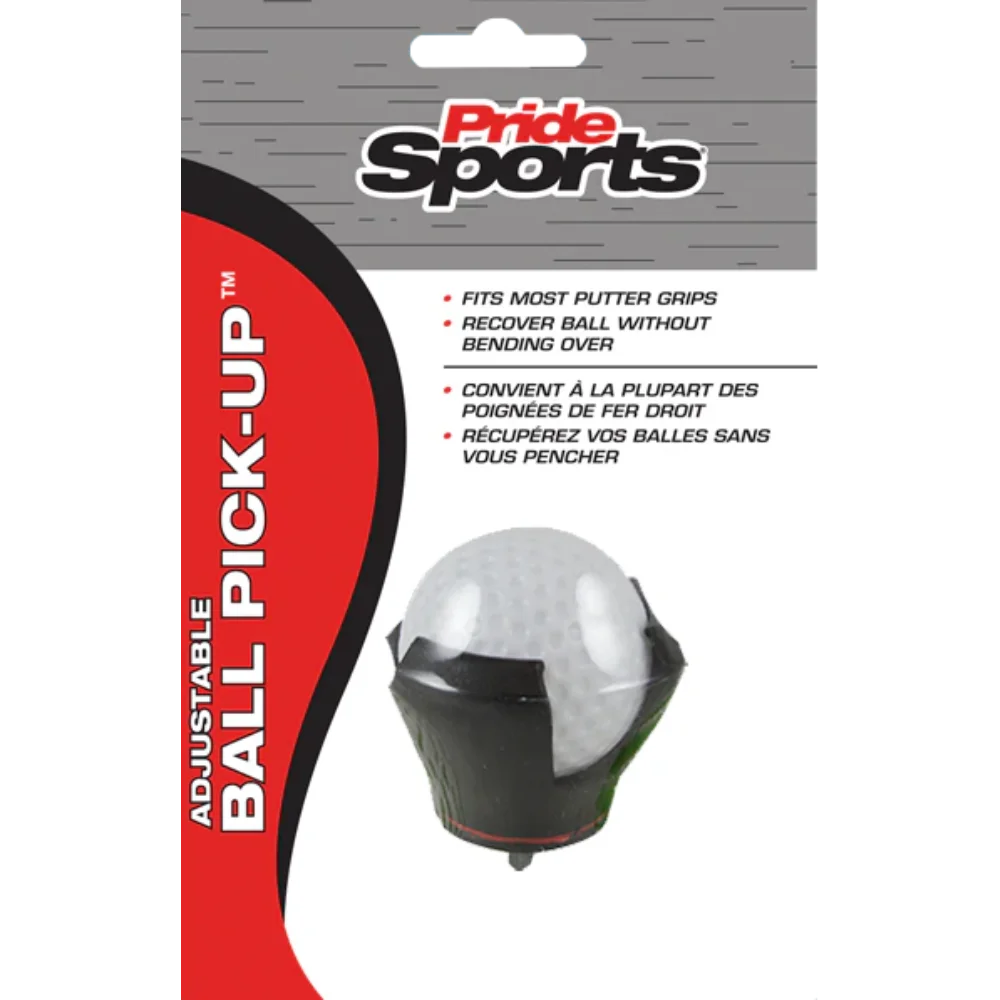 Pride Sports adjustable ball pick-up packaging with a black and white ball pick-up device.