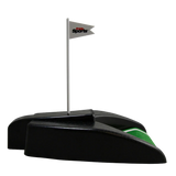 Golf practice device with a flag on a white background