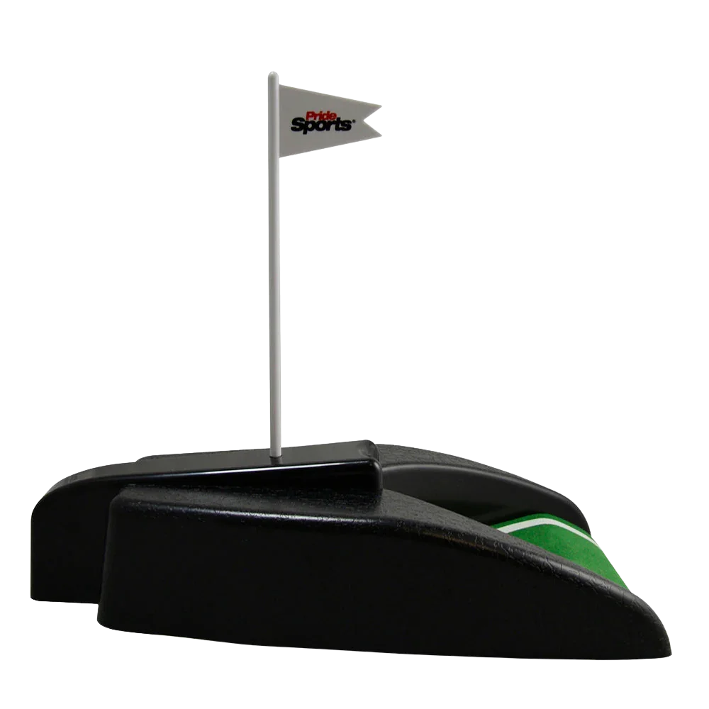 Golf practice device with a flag on a white background