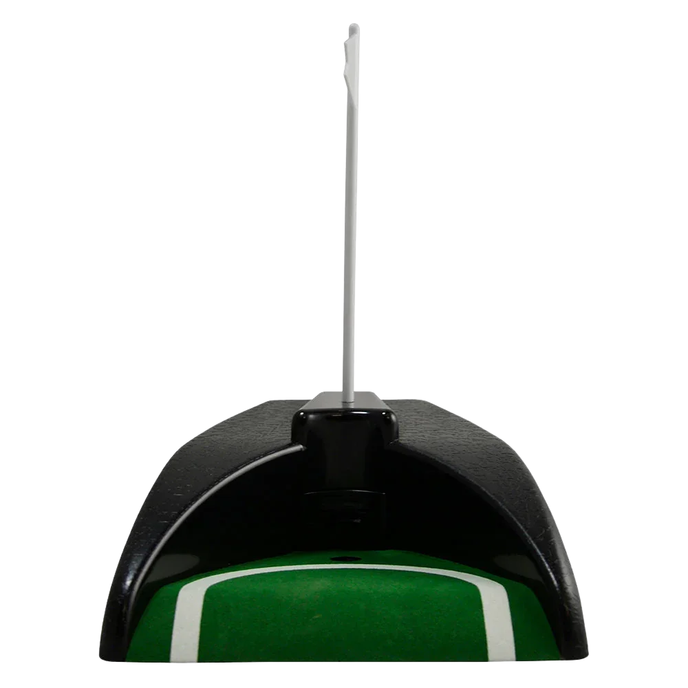 Black and green putting practice area with a white flag on a white background
