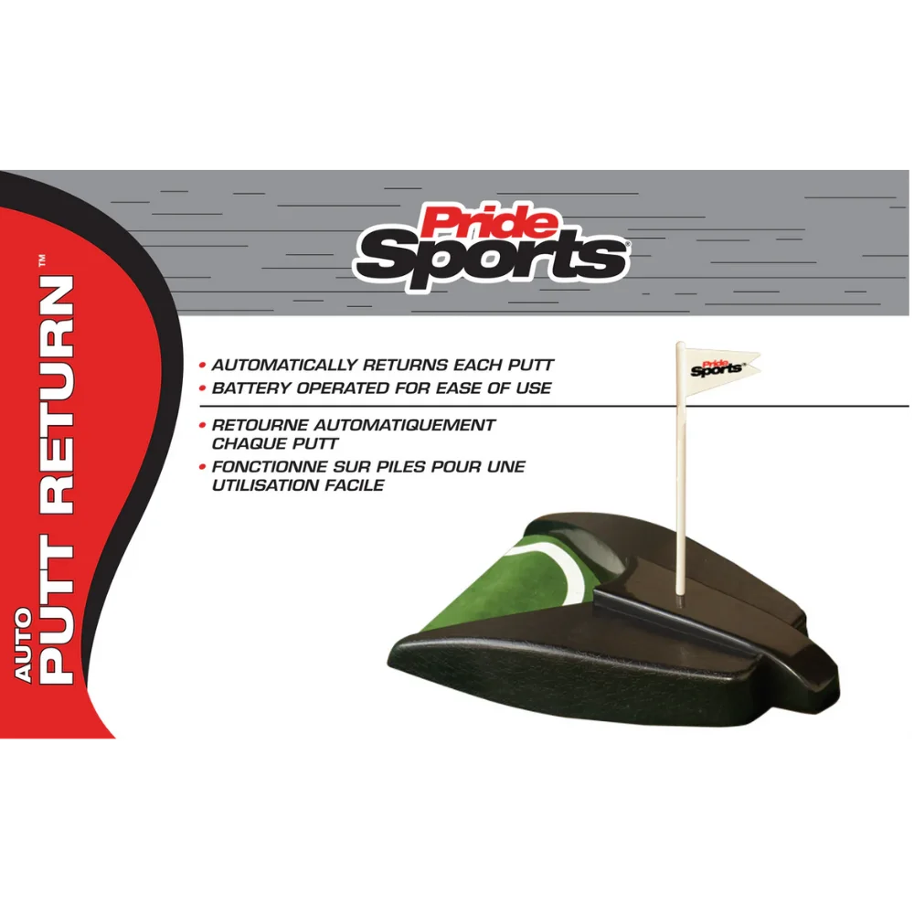 Pride Sports auto putt return device with promotional text on a white background
