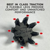 Black traction device with 'Softspikes' branding on a white background, featuring text about flexibility and performance.