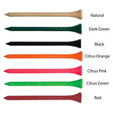 Colorful golf tees labelled with various colors on a white background.