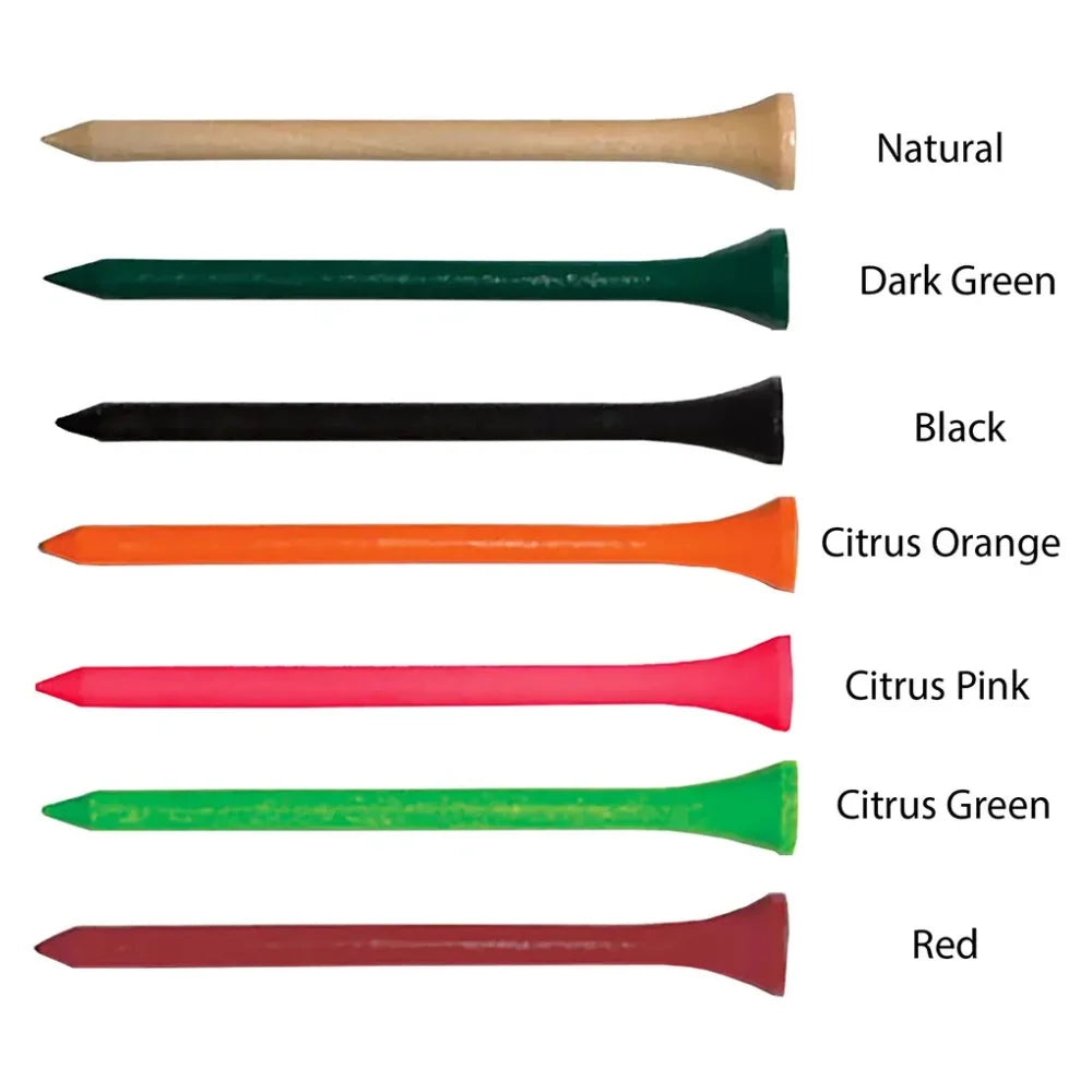 Colorful golf tees labelled with various colors on a white background.