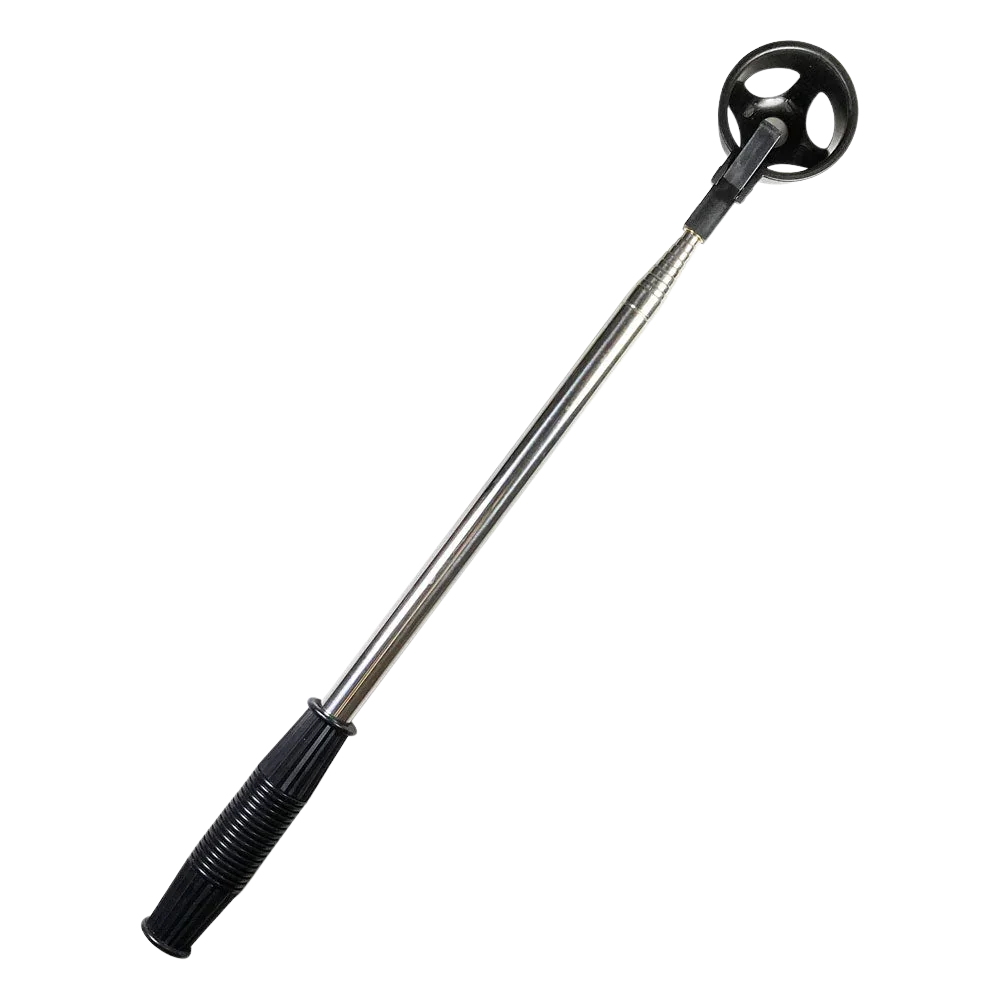 Metal golf ball retriever with black handle and head on a white background