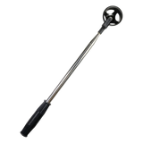 Metal golf ball retriever with black handle and head on a white background