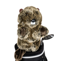 A beaver-shaped golf club head cover sitting in a golf bag, with a club peeking out.