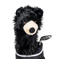 A black bear-shaped golf club head cover sitting in a golf bag, with a club peeking out.