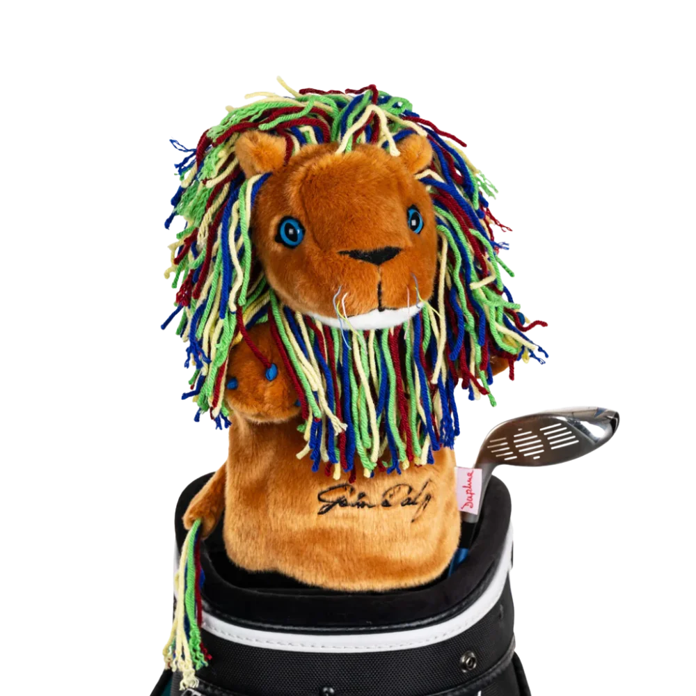 A lion shaped club head cover with neon hair.