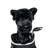 A plush dog headcover peeks out from a golf bag, featuring a fluffy design.