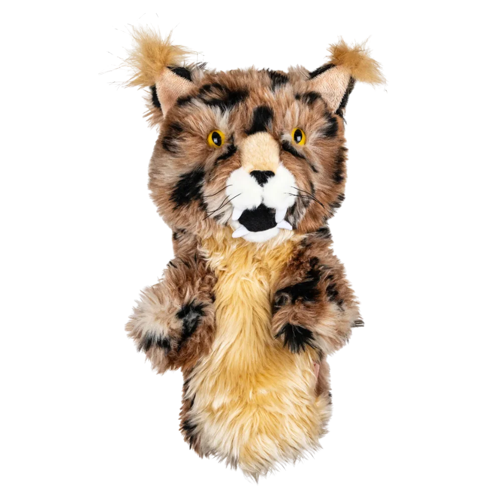 A bobcat-shaped golf club head cover.