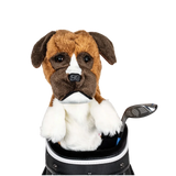 A plush dog headcover peeks out from a golf bag, featuring a fluffy design with brown and white markings.