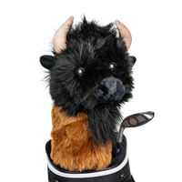 A buffalo-shaped golf club head cover sitting in a golf bag, with a club peeking out.