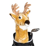 A deer-shaped golf club head cover sitting in a golf bag, with a club peeking out.