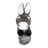 A donkey-shaped golf club head cover sitting in a golf bag.