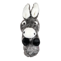 A donkey-shaped golf club head cover sitting in a golf bag.