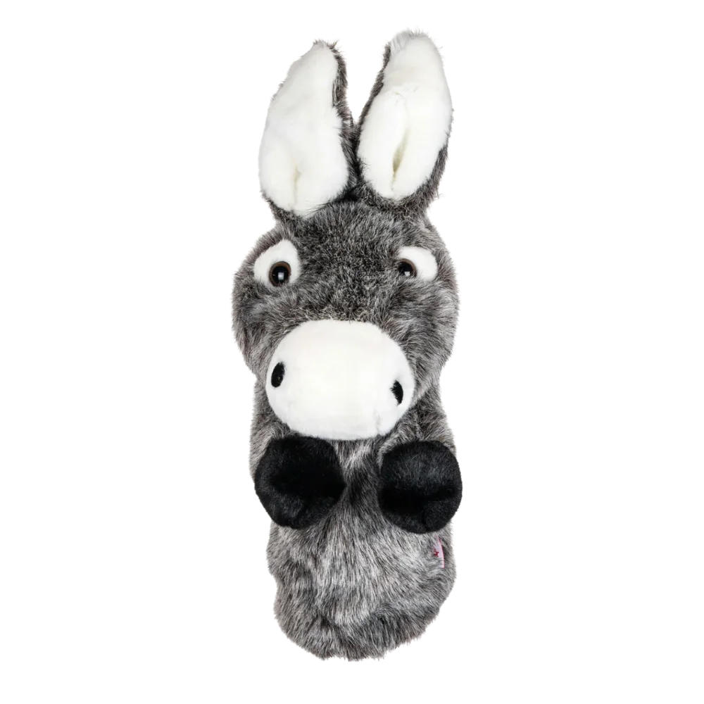 A donkey-shaped golf club head cover sitting in a golf bag.