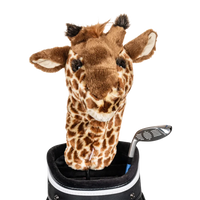 A giraffe-shaped golf club head cover sitting in a golf bag, with a club peeking out.