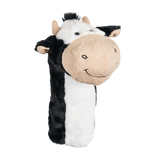 A cow-shaped golf club head cover.