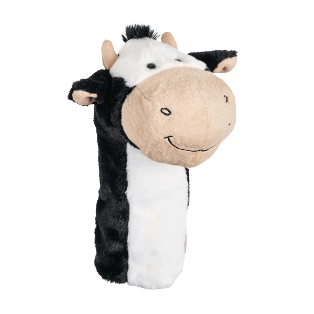 A cow-shaped golf club head cover.